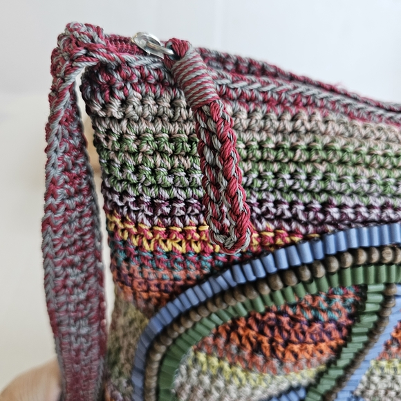 The Sak Multicolor Knit Peace Sign Crossbody Bag Zip Close Beading Boho Colorful - Picture 8 of 15